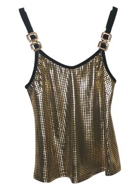 Gold Metallic Disco Cami Tank Top Black Trim Y2K Party Clubwear S